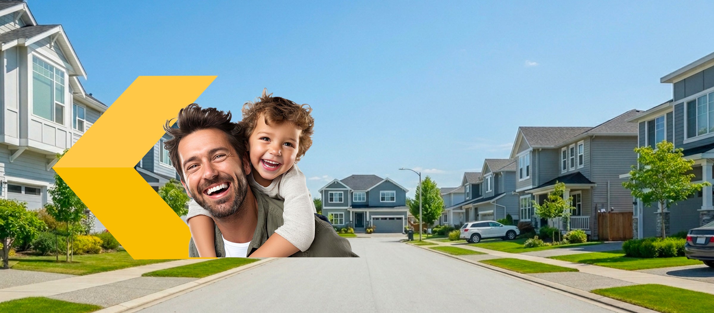 A Kalitec banner in a residential neighborhood featuring a person and a child, illustrating safety and quality of life in an urban setting.