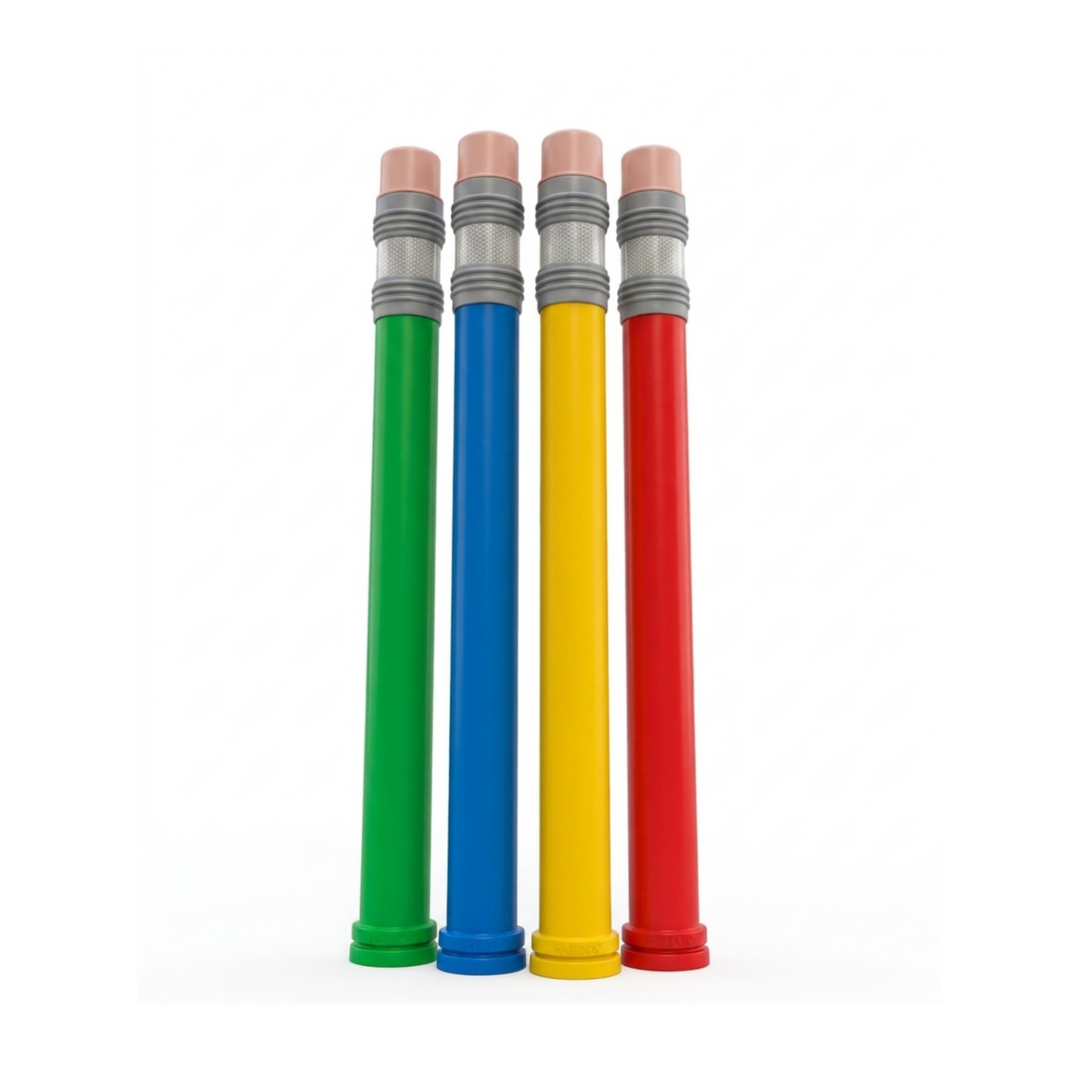 Flexible bollards in the shape of pencils with four different colors.