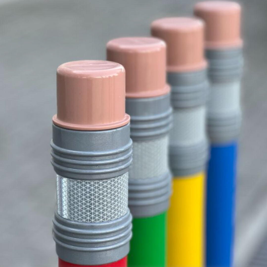 Close-up of the flexible pencil bollards showing four colors.