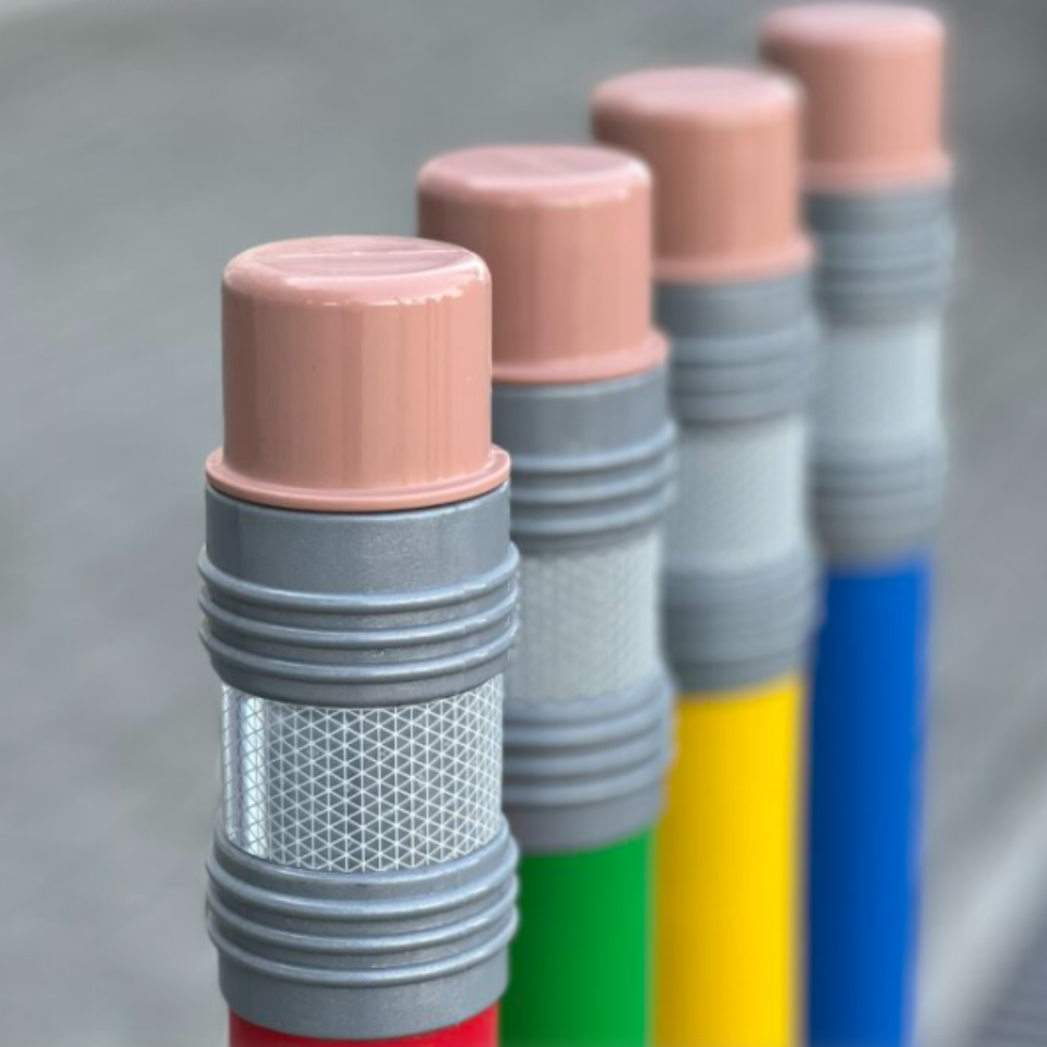 Close-up of the flexible pencil bollards showing four colors.