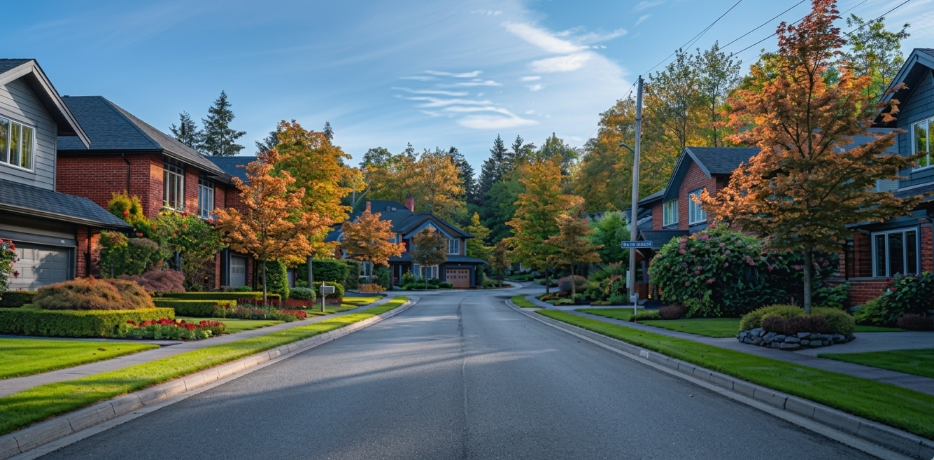 A residential neighborhood lined with trees and single-family homes.